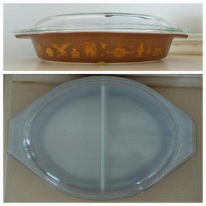 PYREX Early American 1.5 Quart DIVIDED OVAL CASSEROLE DISH + LID